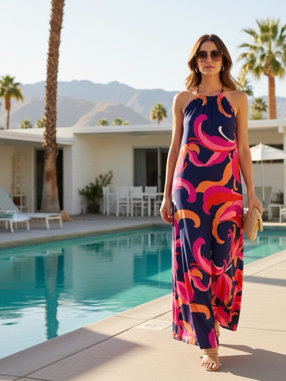Trina Turk Maxi Dress Medium NWT $198 Navy Pink Abstract Print Halter Resort